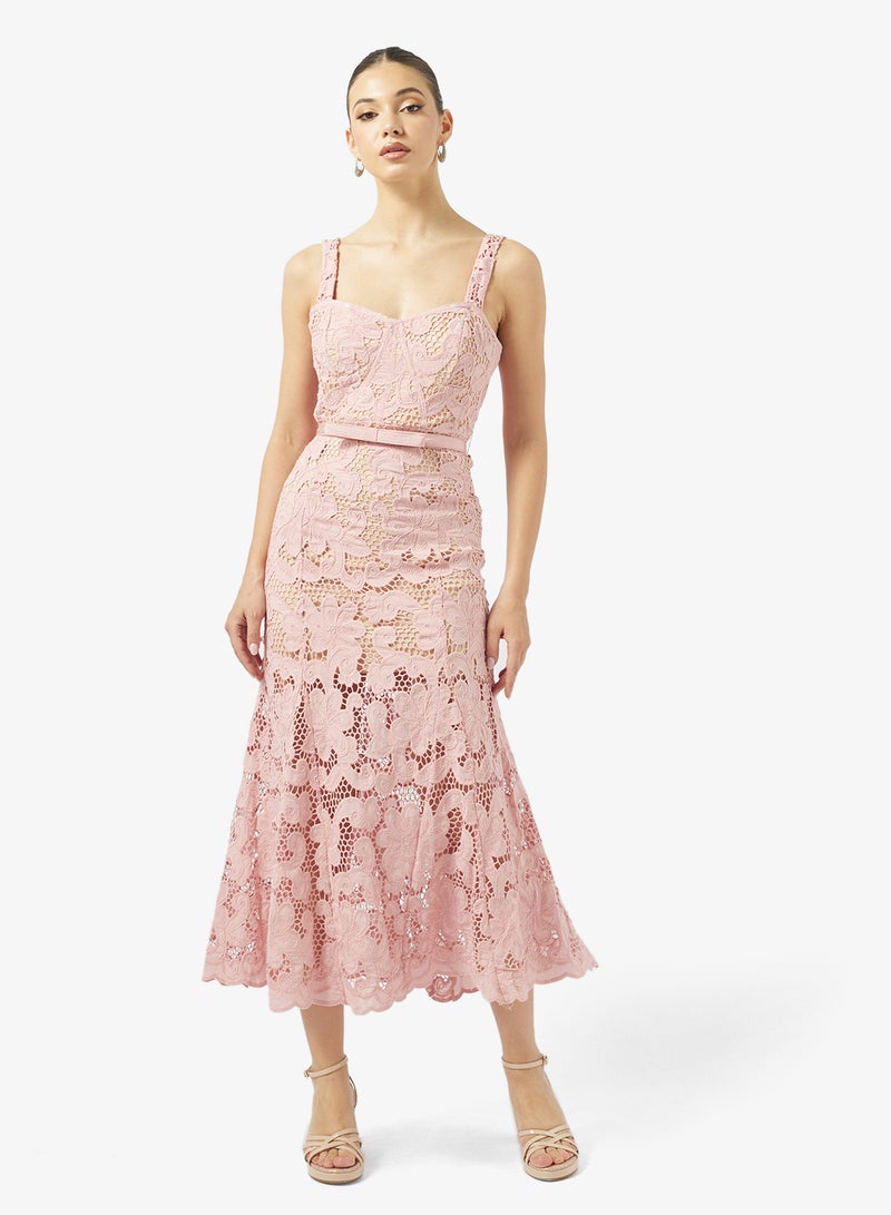 جاست مي فستان ميدي بدون أكمام بتفاصيل حزام خصر دانتيل - Image 4